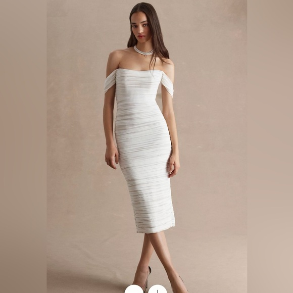 WATTERS JOANNE RUCHED SLIM OFF SHOULDER MIDI DRESS IVORY NUDE - wedding event! - Picture 1 of 7